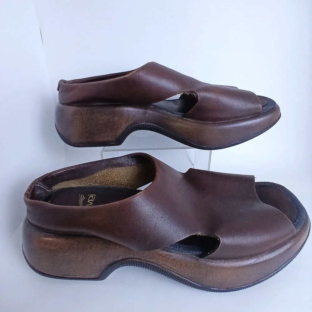 Dansko Solvei Women Brown Leather Sandals Slingback Wedge Y2K Boho Comfort